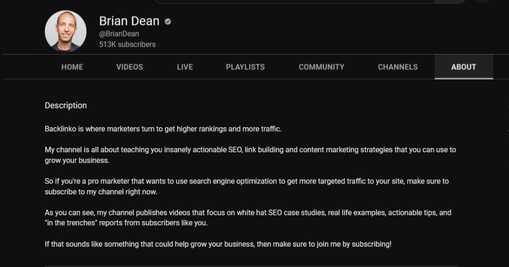 YouTube channel description example 3